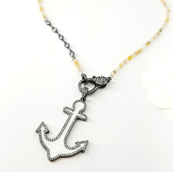 SueSue Jewelry - NEW White Enamel Anchor Charm Pave CZ Necklace NWT